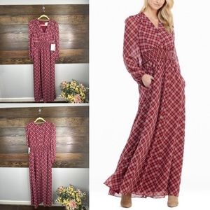 Gal Meets Glam Robyn Plaid Long Sleeve Chiffon Maxi Dress New Size 4